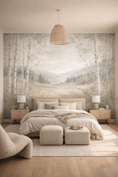 Japandi sand birch forest featuring mountain landscape - Wall Mural Peel and Stick Wallpaper for Japandi Master Bedroom.