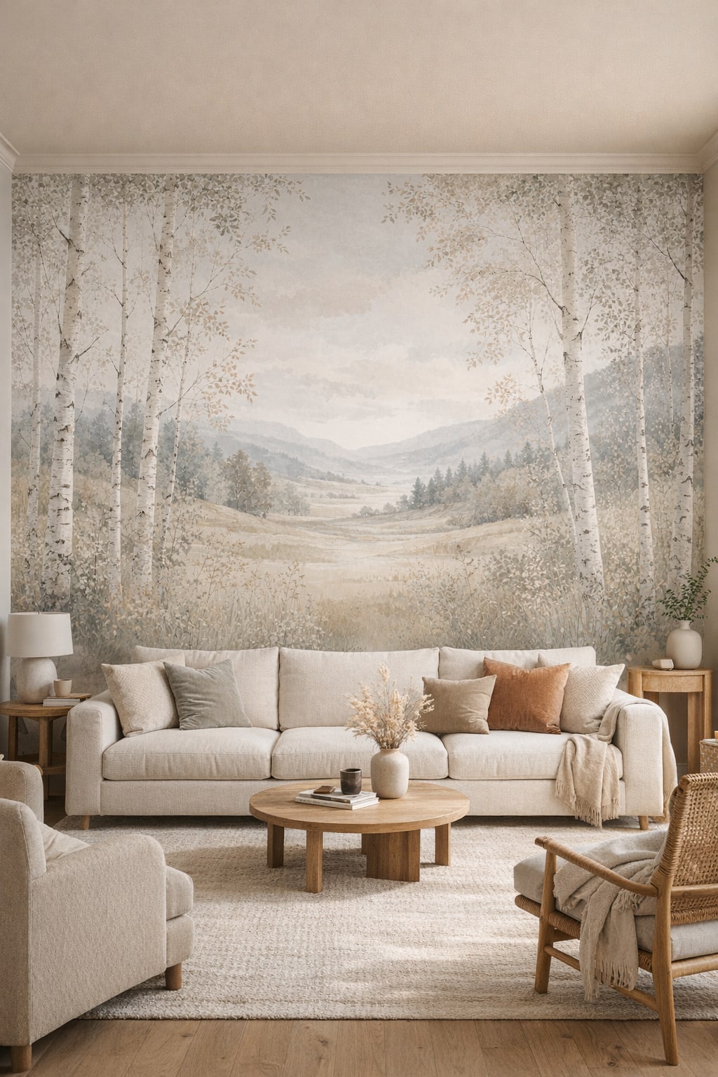 Cream sand Organic Modern birch forest featuring mountain landscape - Wall Mural Peel and Stick Wallpaper for Organic Modern Living Room.
