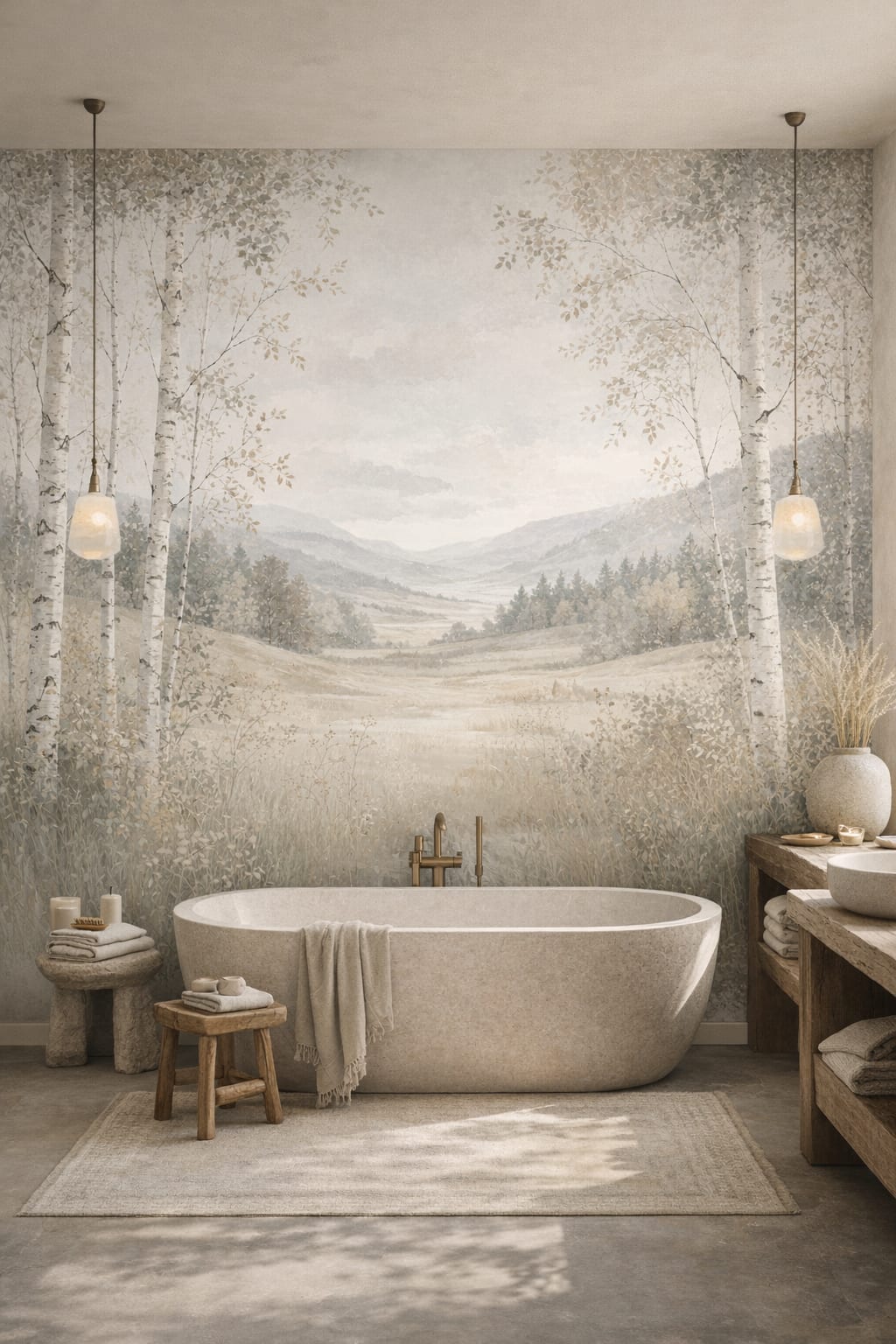 Muted earth Wabi-sabi birch forest featuring mountain landscape - Wall Mural Peel and Stick Wallpaper for Wabi-sabi Luxury Bathroom.