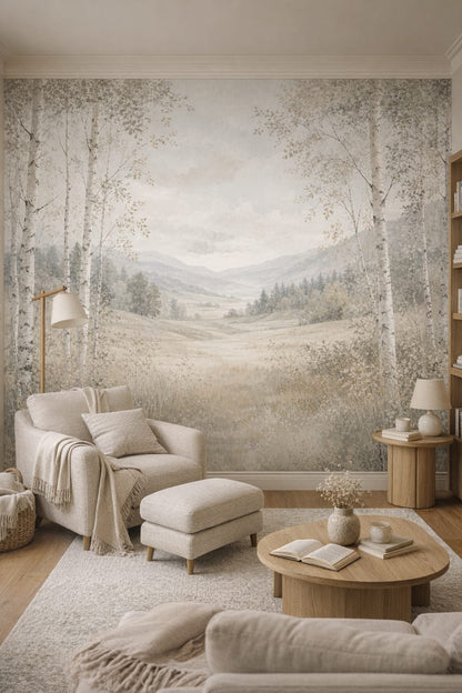 White gray Scandinavian birch forest featuring mountain landscape - Wall Mural Peel and Stick Wallpaper for Scandinavian Reading Corner.
