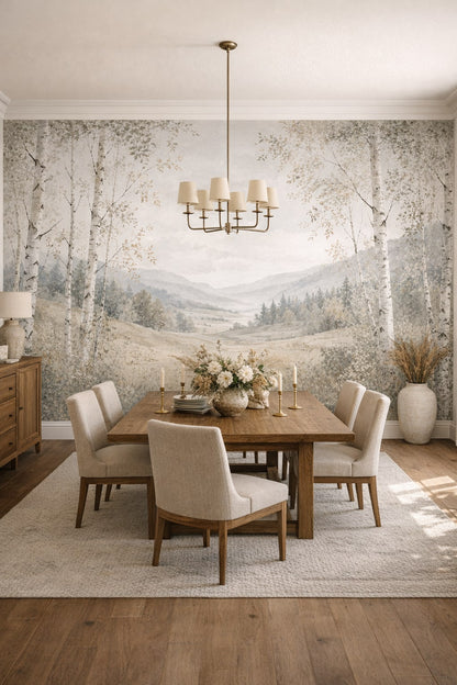 Rustic Modern sand-toned birch forest featuring mountain landscape - Wall Mural Peel and Stick Wallpaper for Rustic Modern Formal Dining Room.