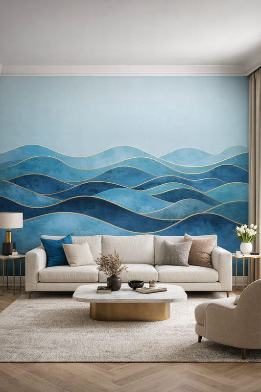 Luxury Contemporary, neutral stone abstract waves featuring gold linework - Wall Mural Peel and Stick Wallpaper for Luxury Contemporary Living Room.