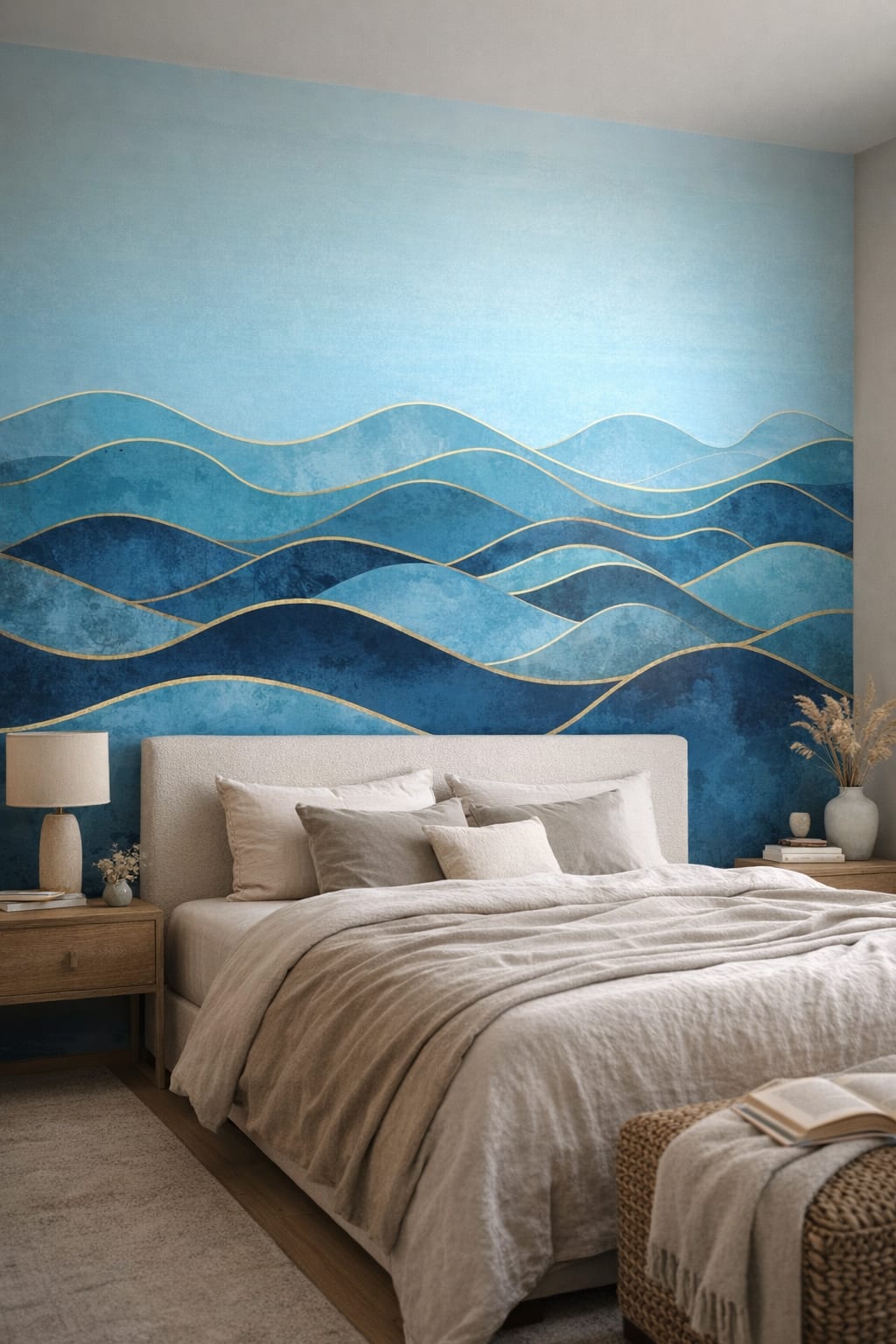Cream-sand Organic Modern abstract waves featuring gold linework - Wall Mural Peel and Stick Wallpaper for Organic Modern Master Bedroom.