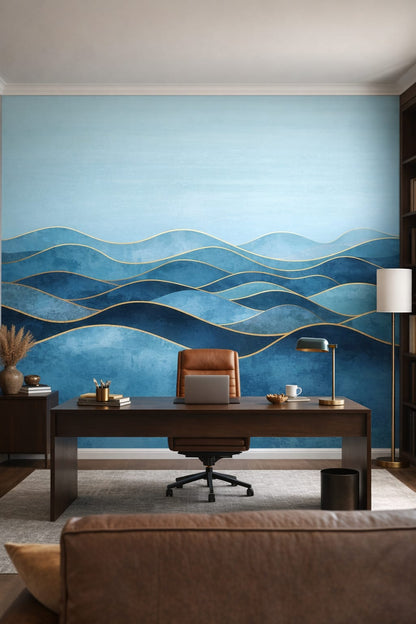Modern (Modernist) grayscale abstract waves featuring gold linework - Wall Mural Peel and Stick Wallpaper for Modern (Modernist) Executive Home Office.