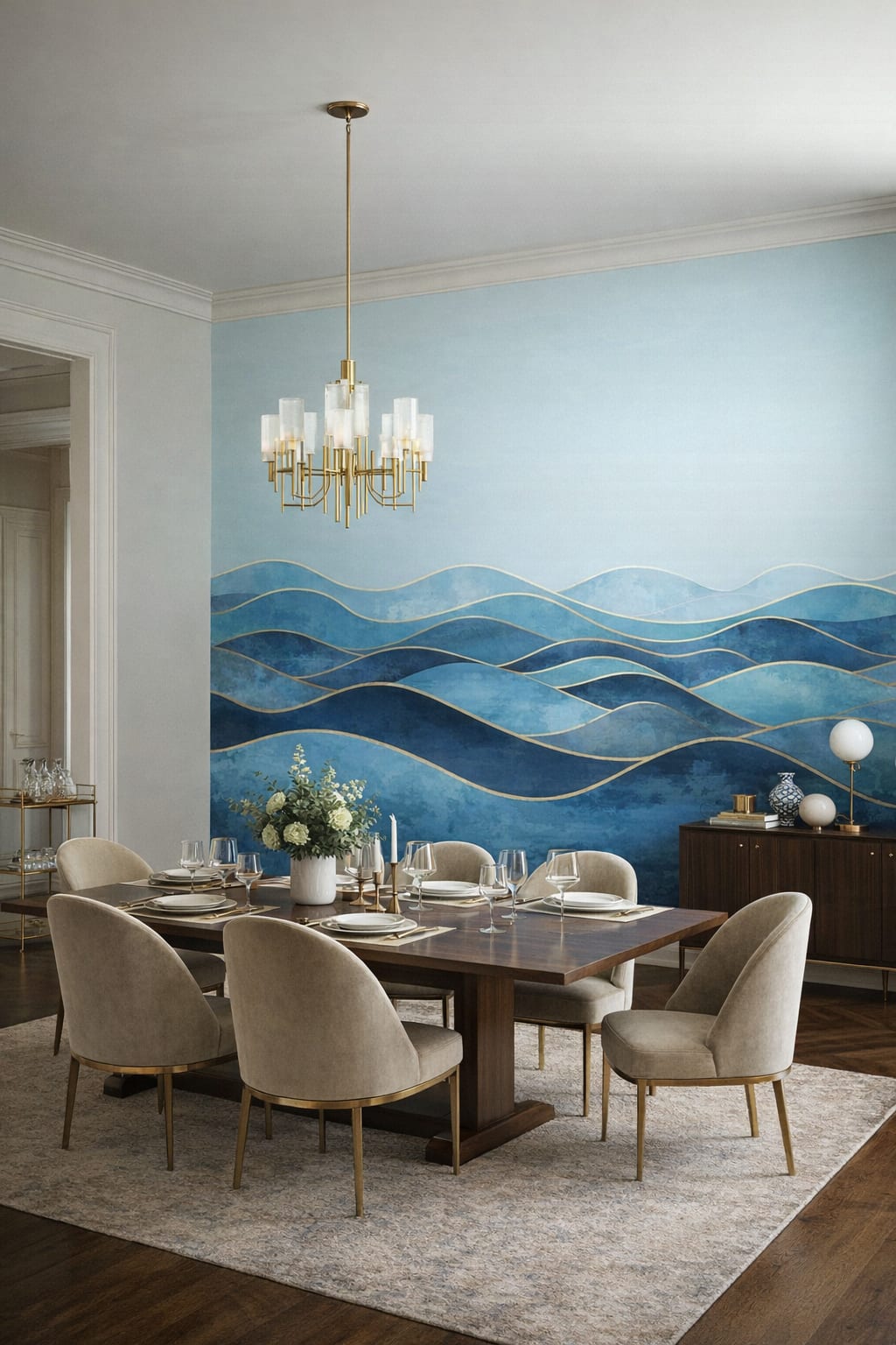 Art Deco gold-accent abstract waves featuring gold linework - Wall Mural Peel and Stick Wallpaper for Art Deco Formal Dining Room.