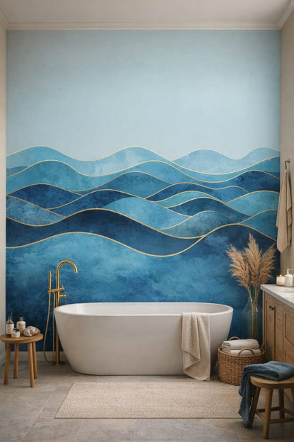 Coastal blue-white abstract waves featuring gold linework - Wall Mural Peel and Stick Wallpaper for Coastal Luxury Bathroom.