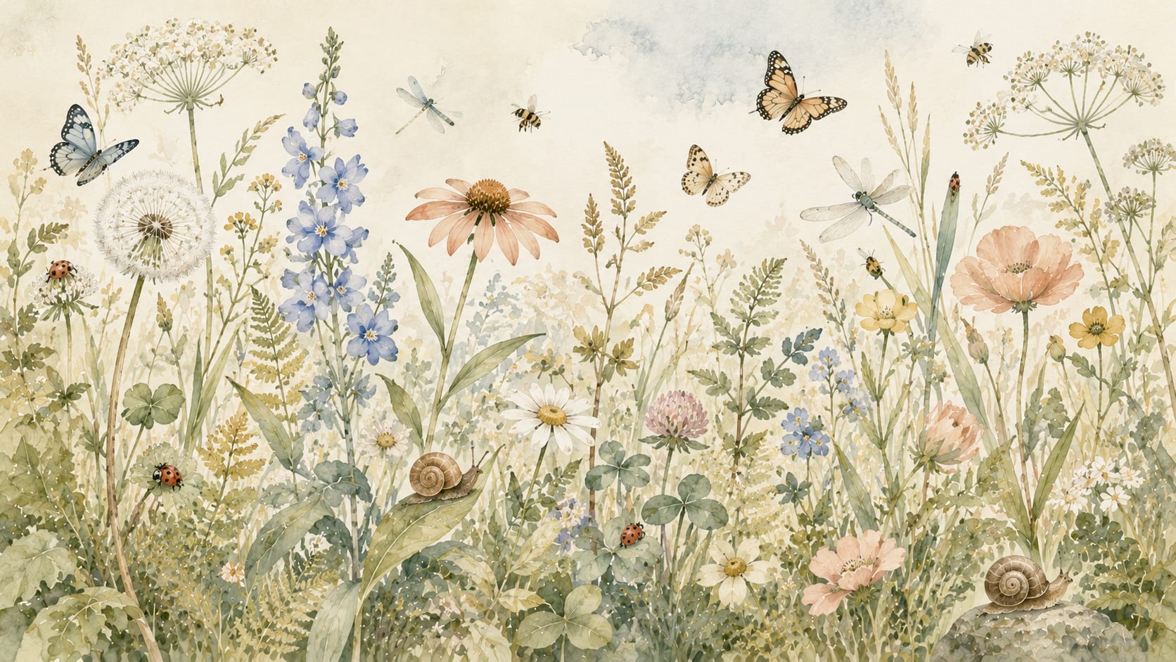 Whimsical Watercolor Sage Green Garden Florals featuring butterflies and snails - Wall Mural & Peel and Stick Wallpaper for Nursery or Kids Room