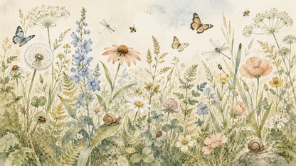 Whimsical Watercolor Sage Green Garden Florals featuring butterflies and snails - Wall Mural & Peel and Stick Wallpaper for Nursery or Kids Room