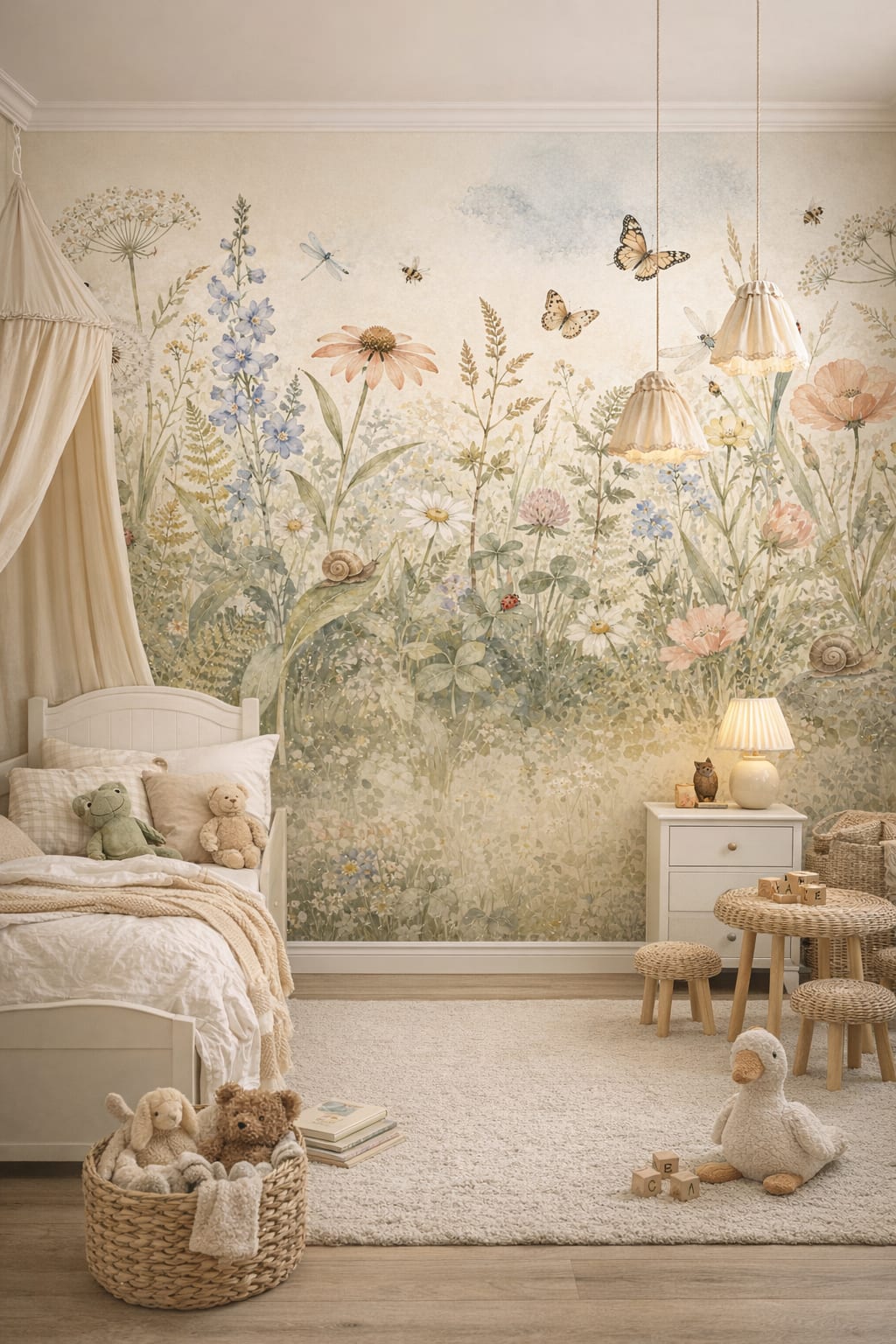 English Garden green garden florals featuring butterflies - Wall Mural Peel and Stick Wallpaper for English Garden Nursery Kids Bedroom.