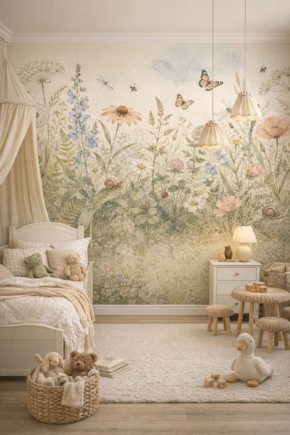 English Garden green garden florals featuring butterflies - Wall Mural Peel and Stick Wallpaper for English Garden Nursery Kids Bedroom.