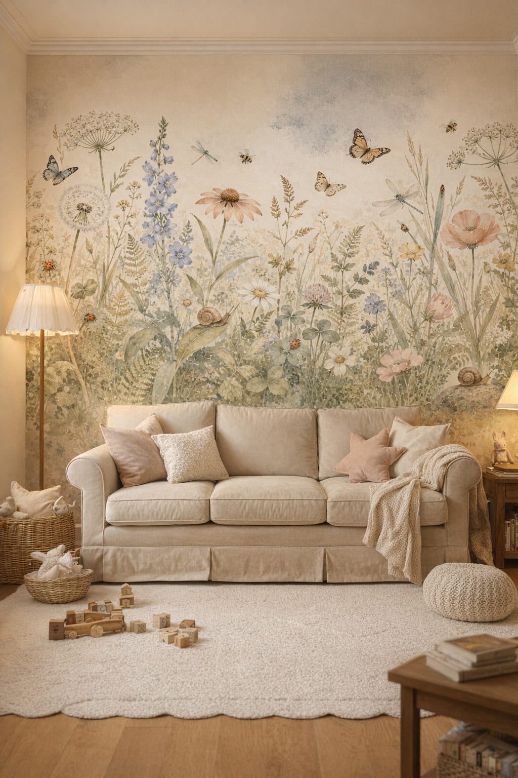 Classic Storybook dusty rose garden florals featuring butterflies - Wall Mural Peel and Stick Wallpaper for Classic Storybook Reading Corner.