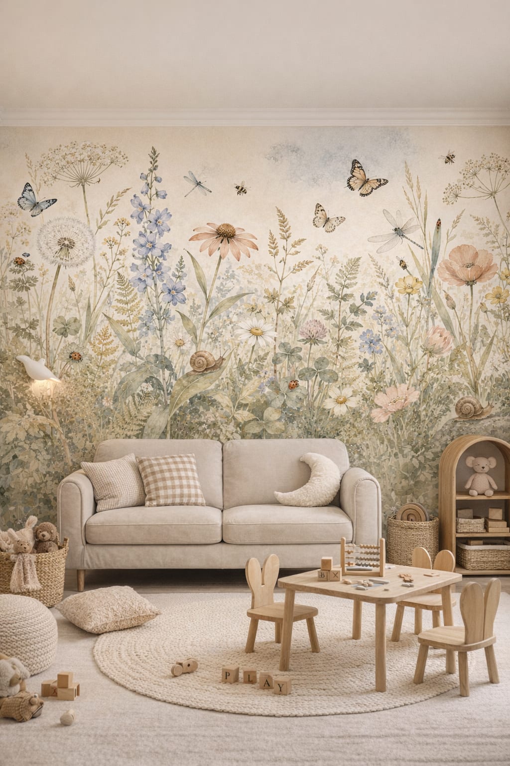 White birch Scandi Kids garden florals featuring butterflies - Wall Mural Peel and Stick Wallpaper for Scandi Kids Playroom.