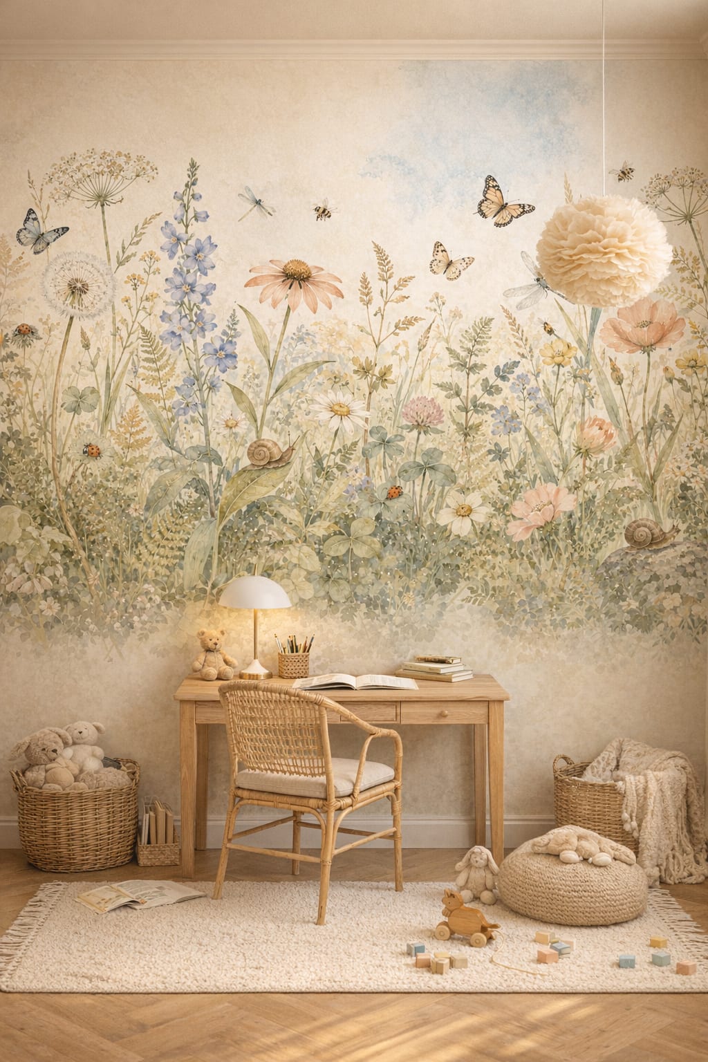 Sage Whimsical Boho garden florals featuring butterflies - Wall Mural Peel and Stick Wallpaper for Whimsical Boho Homework / Study Corner.