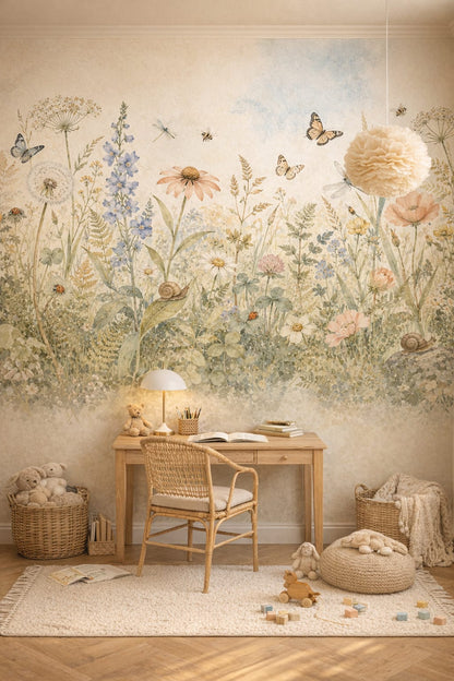 Sage Whimsical Boho garden florals featuring butterflies - Wall Mural Peel and Stick Wallpaper for Whimsical Boho Homework / Study Corner.