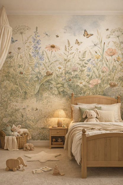 Moss green, raw wood garden florals featuring butterflies - Wall Mural Peel and Stick Wallpaper for Woodland / Forest Kids Bedroom.