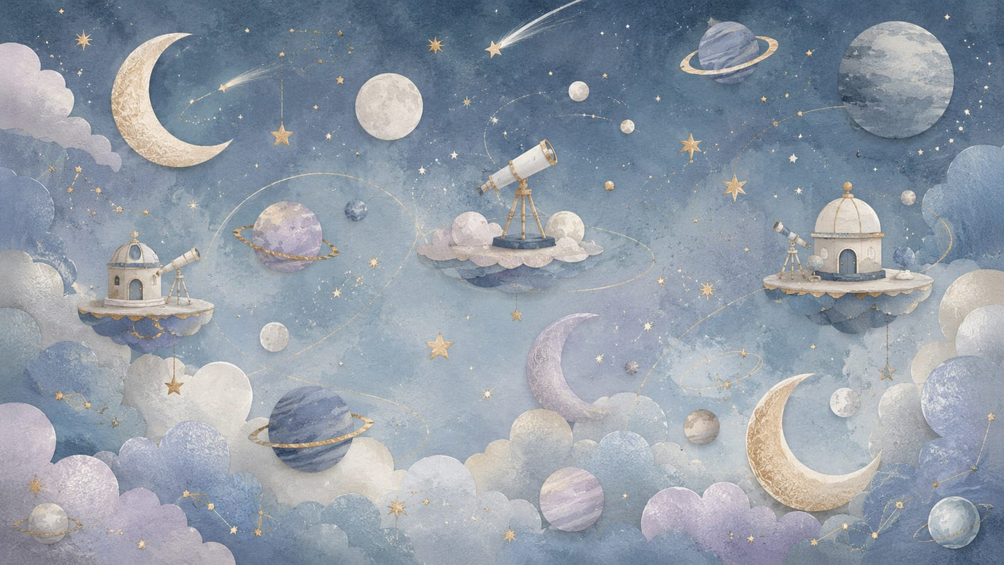 Whimsical dreamy Dusty Blue space icons featuring telescopes and celestial observatories - Wall Mural & Peel and Stick Wallpaper for Watercolor Nursery or Kids Room.
