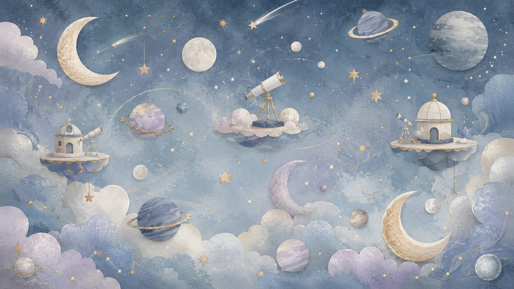 Whimsical dreamy Dusty Blue space icons featuring telescopes and celestial observatories - Wall Mural & Peel and Stick Wallpaper for Watercolor Nursery or Kids Room.