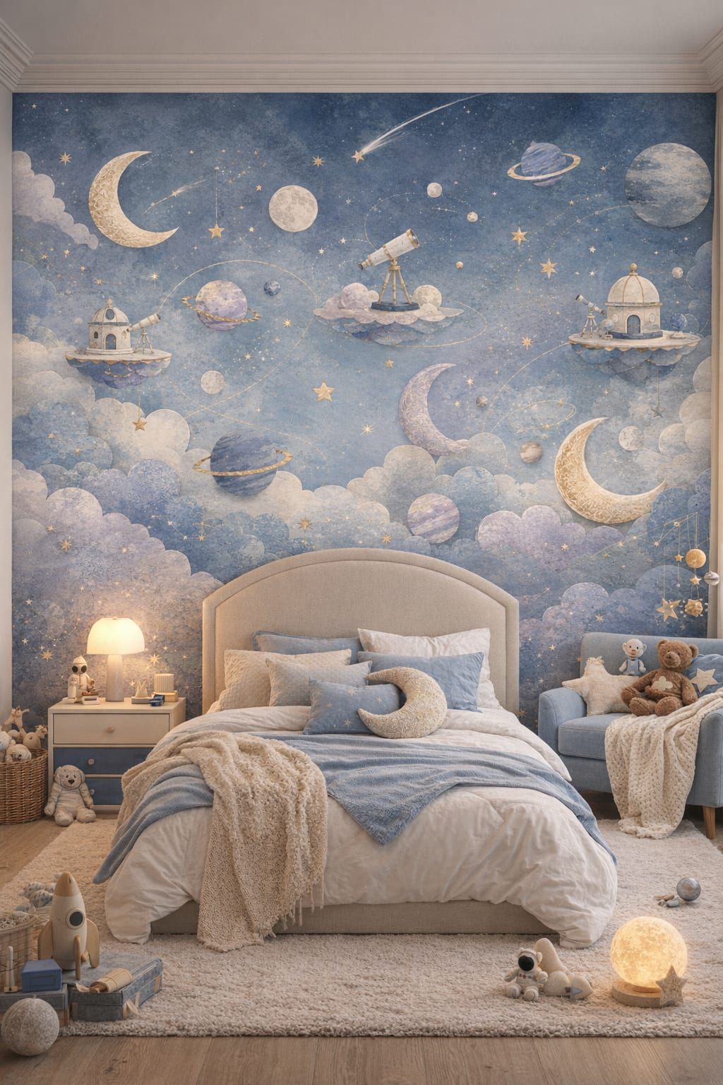 Celestial navy space icons featuring telescopes - Wall Mural Peel and Stick Wallpaper for Outer Space / Celestial Kids Bedroom.
