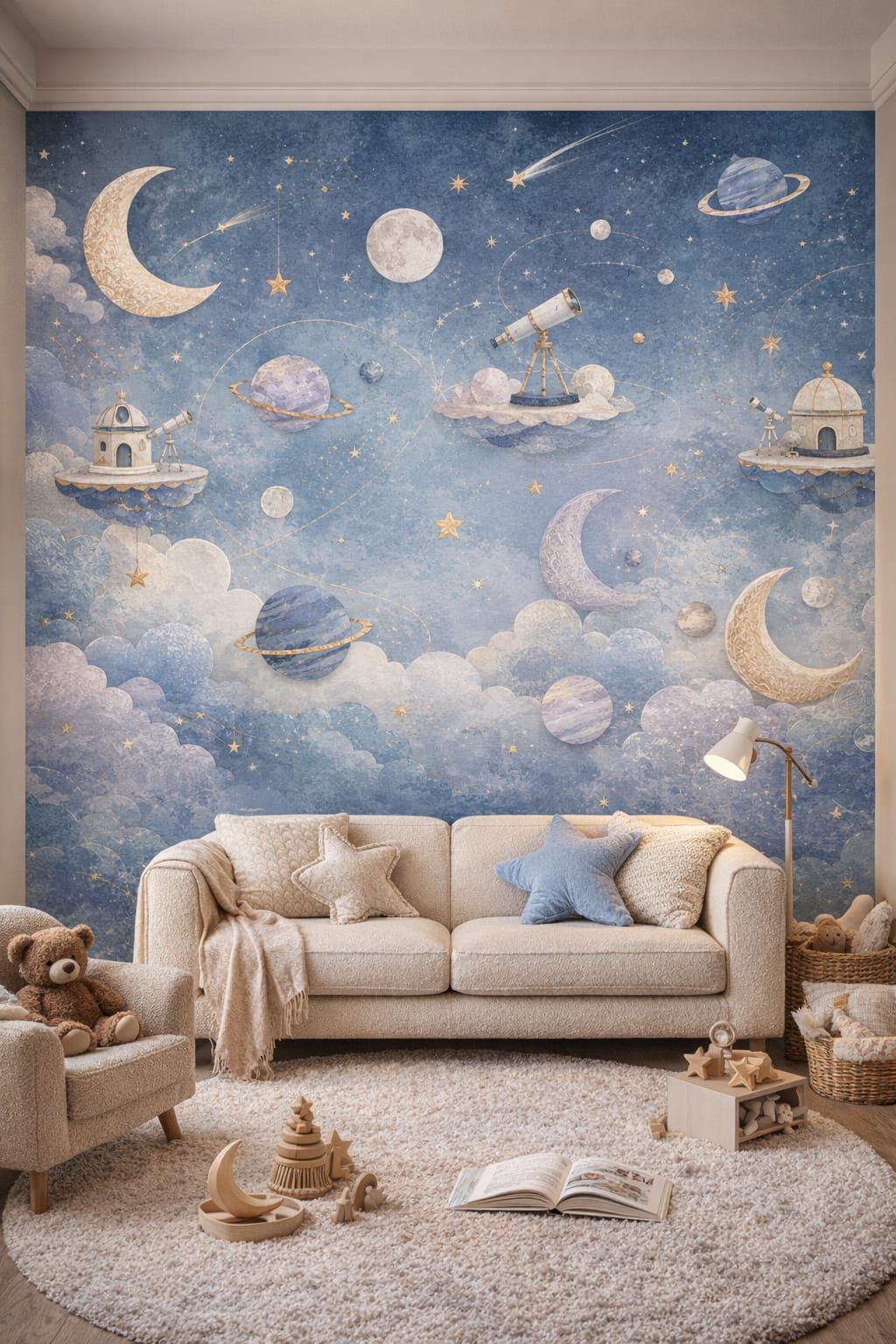 Scandi white space icons featuring telescopes - Wall Mural Peel and Stick Wallpaper for Scandi Kids Reading Corner.