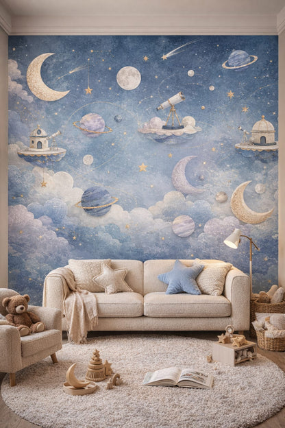 Scandi white space icons featuring telescopes - Wall Mural Peel and Stick Wallpaper for Scandi Kids Reading Corner.