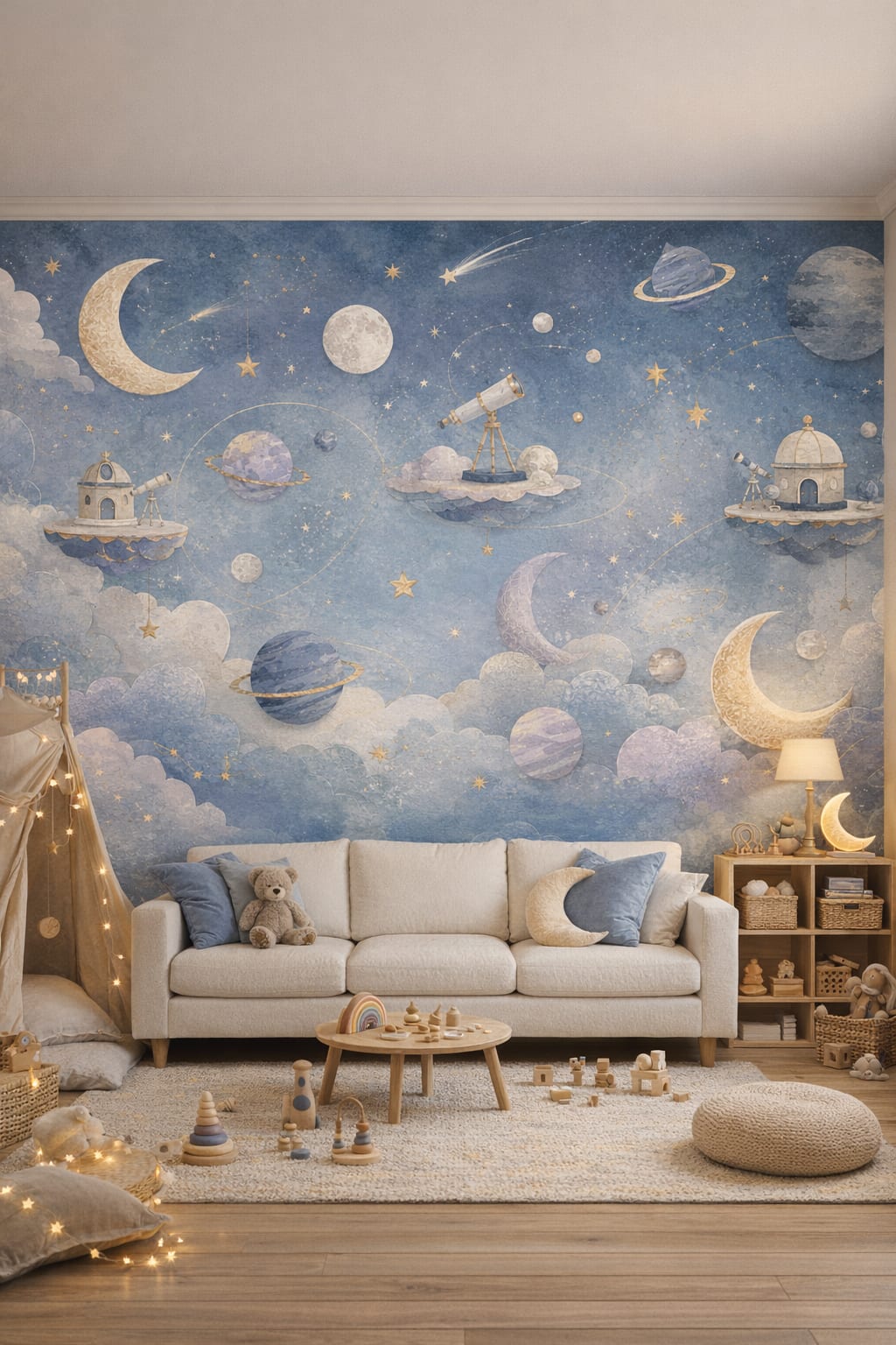 Modern Montessori neutrals space icons featuring telescopes - Wall Mural Peel and Stick Wallpaper for Modern Montessori Playroom.