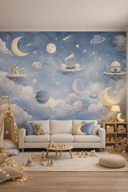 Modern Montessori neutrals space icons featuring telescopes - Wall Mural Peel and Stick Wallpaper for Modern Montessori Playroom.