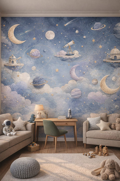 Teal Mid-century Kids space icons featuring telescopes - Wall Mural Peel and Stick Wallpaper for Mid-century Kids Homework / Study Corner.
