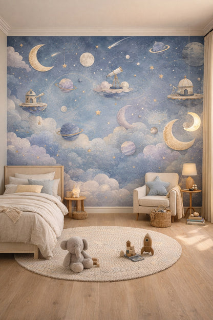 Gray-yellow contemporary space icons featuring telescopes - Wall Mural Peel and Stick Wallpaper for Gender-Neutral Contemporary Kids Bedroom.