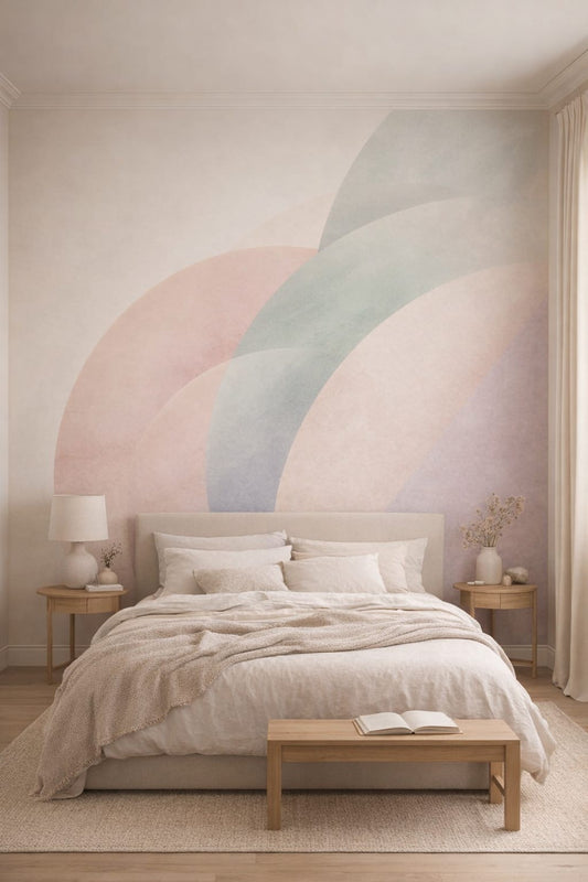 Minimalist neutral abstract color arcs featuring pastel gradients - Wall Mural Peel and Stick Wallpaper for Minimalist Master Bedroom.