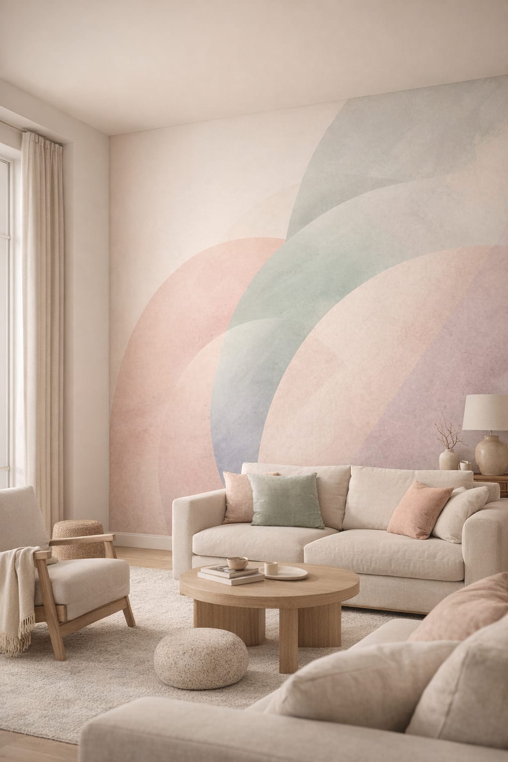 Japandi sand-toned abstract color arcs featuring pastel gradients - Wall Mural Peel and Stick Wallpaper for Japandi Living Room.