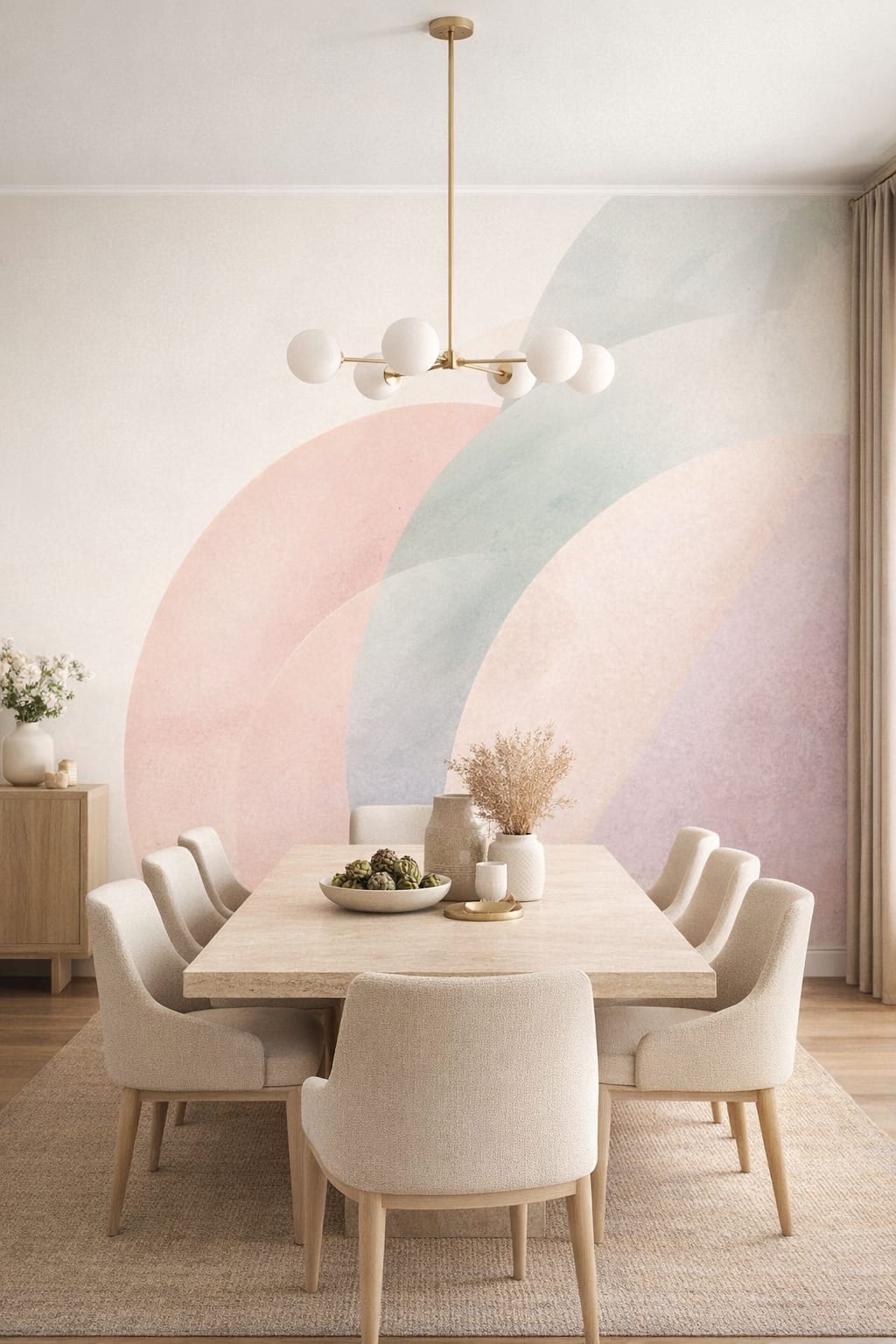 Quiet Luxury greige abstract color arcs featuring pastel gradients - Wall Mural Peel and Stick Wallpaper for Quiet Luxury Formal Dining Room.