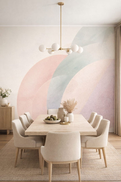 Quiet Luxury greige abstract color arcs featuring pastel gradients - Wall Mural Peel and Stick Wallpaper for Quiet Luxury Formal Dining Room.