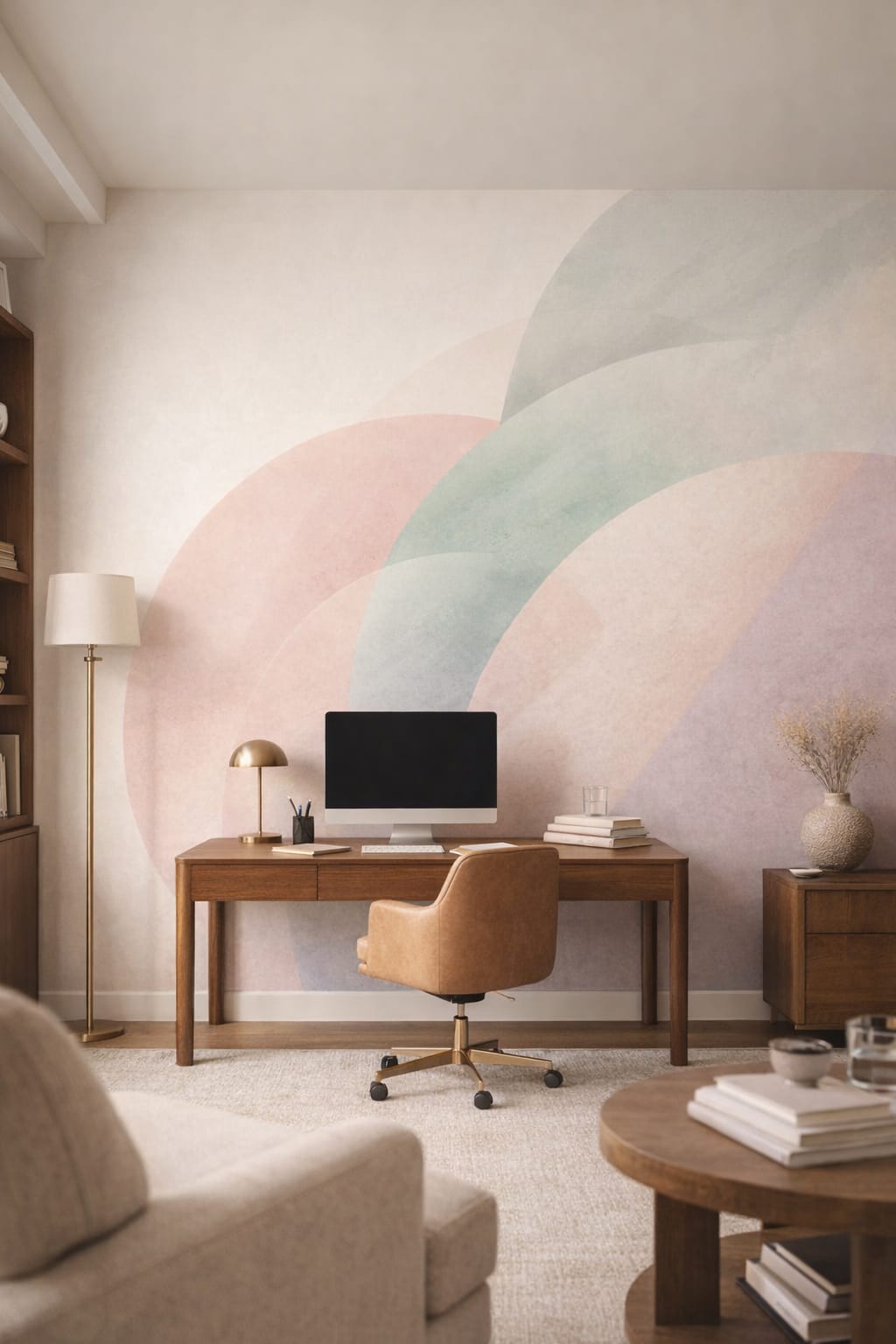 Contemporary neutral-accent abstract color arcs featuring pastel gradients - Wall Mural Peel and Stick Wallpaper for Contemporary Executive Home Office.