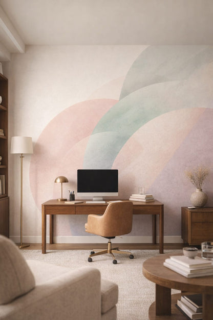Contemporary neutral-accent abstract color arcs featuring pastel gradients - Wall Mural Peel and Stick Wallpaper for Contemporary Executive Home Office.