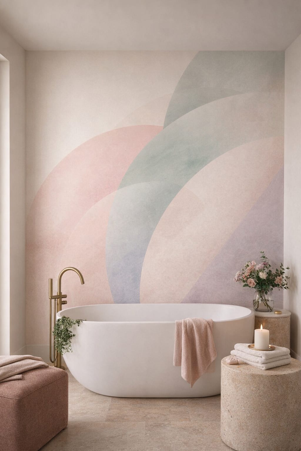 Color-drenched deep-tone abstract color arcs featuring pastel gradients - Wall Mural Peel and Stick Wallpaper for Color-drenched Luxury Bathroom.