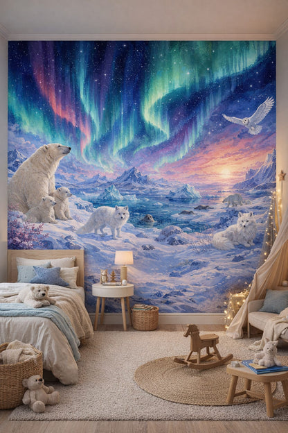 Scandi Kids white birch polar bear featuring arctic fox - Wall Mural Peel and Stick Wallpaper for Scandi Kids Kids Bedroom.