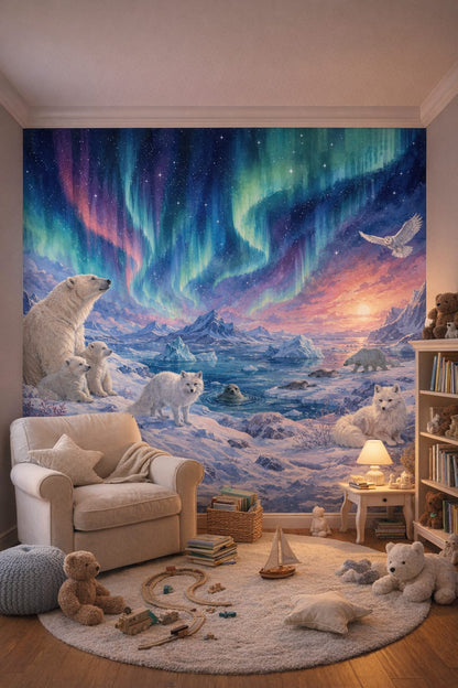 Classic Storybook dusty rose polar bear featuring arctic fox - Wall Mural Peel and Stick Wallpaper for Classic Storybook Reading Corner.