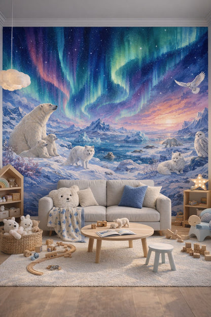 Modern Montessori neutrals polar bear featuring arctic fox - Wall Mural Peel and Stick Wallpaper for Modern Montessori Playroom.