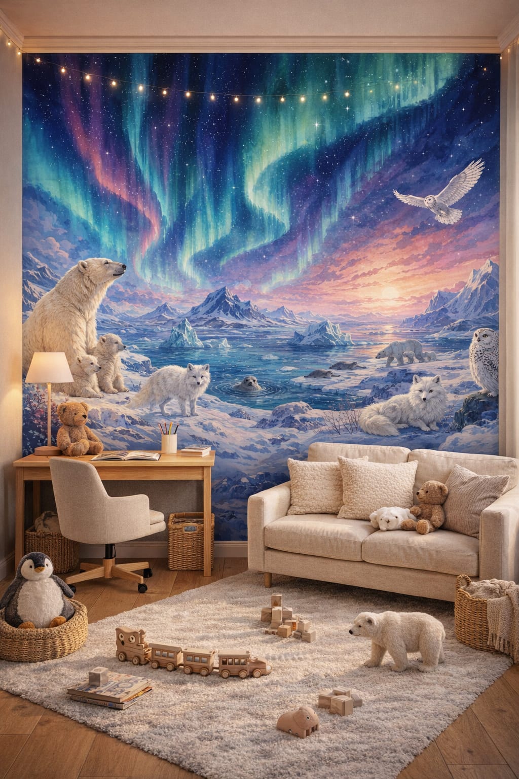 Gender-Neutral mint polar bear featuring aurora - Wall Mural Peel and Stick Wallpaper for Gender-Neutral Contemporary Homework / Study Corner.