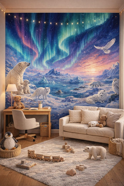 Gender-Neutral mint polar bear featuring aurora - Wall Mural Peel and Stick Wallpaper for Gender-Neutral Contemporary Homework / Study Corner.