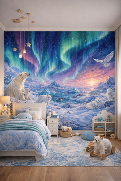 Coastal Kids sky blue polar bear featuring snowy owl - Wall Mural Peel and Stick Wallpaper for Coastal Kids Kids Bedroom.