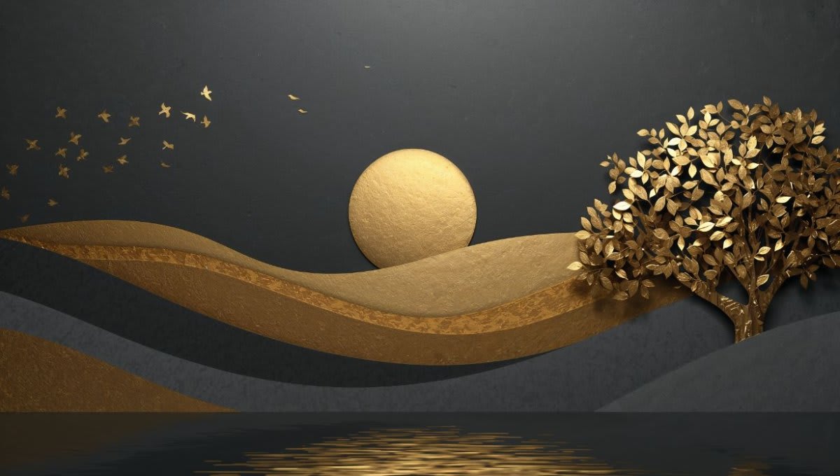 Luxurious minimalist Gold golden landscape featuring a golden tree, sun disc and birds - Wall Mural & Peel and Stick Wallpaper for Abstract Interiors and Premium Home Styling.