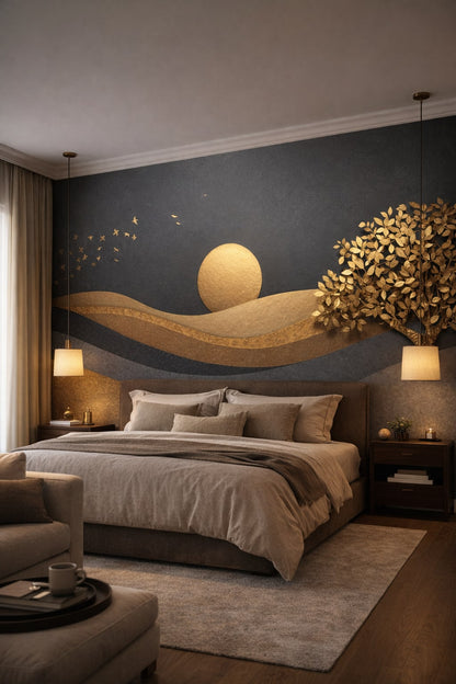 Quiet Luxury greige-soft charcoal golden landscape featuring sun disc - Wall Mural Peel and Stick Wallpaper for Quiet Luxury Master Bedroom.
