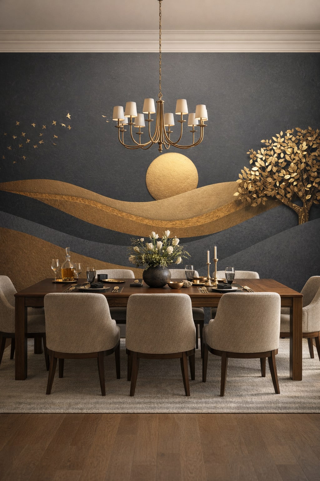 Modern Classic, antique gold golden landscape featuring sun disc - Wall Mural Peel and Stick Wallpaper for Modern Classic Formal Dining Room.