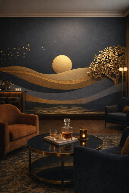 Art Deco black-gold golden landscape featuring sun disc - Wall Mural Peel and Stick Wallpaper for Art Deco Bar/Lounge.