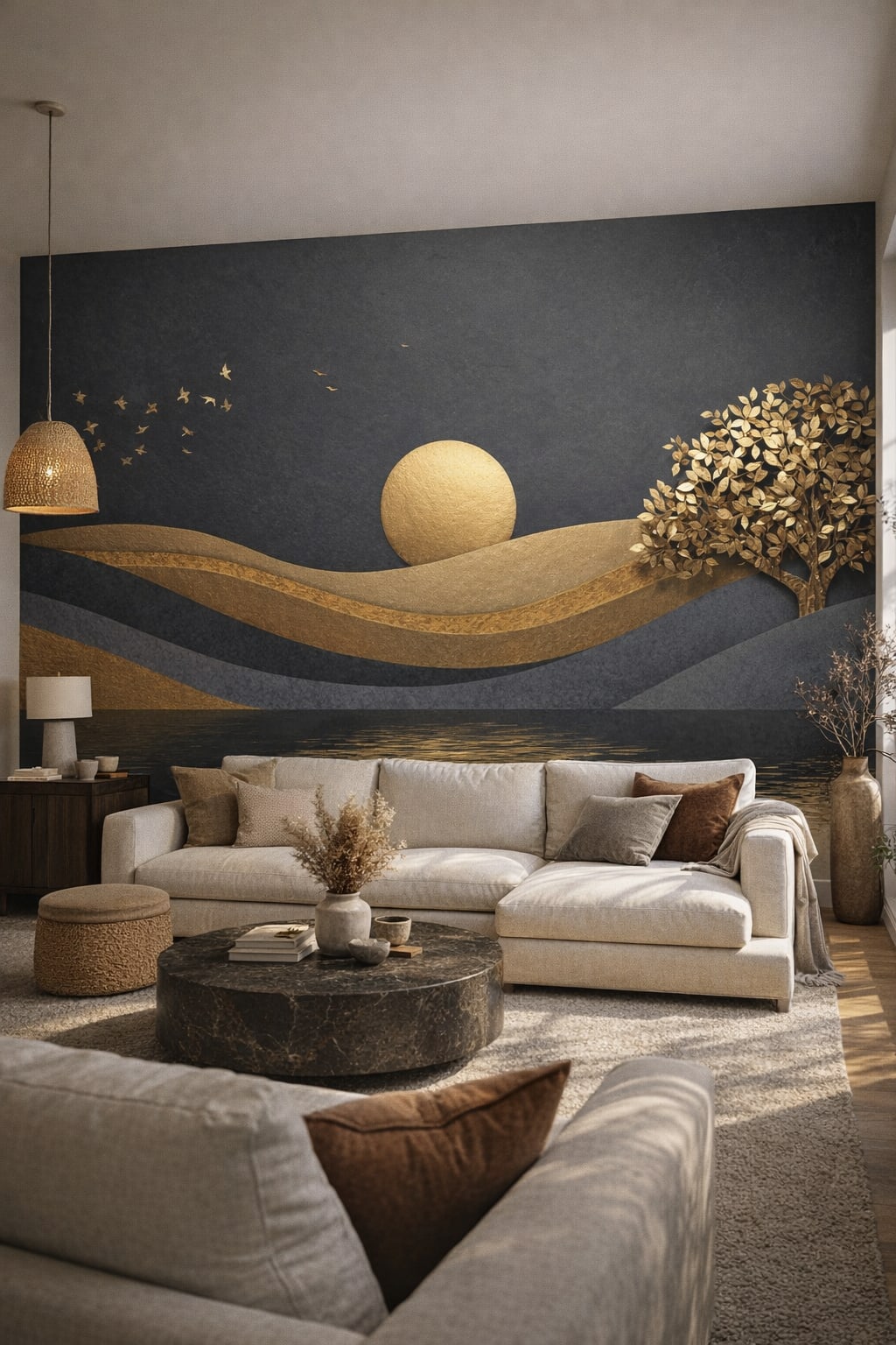 Organic Modern cream-toned golden landscape featuring sun disc - Wall Mural Peel and Stick Wallpaper for Organic Modern Living Room.