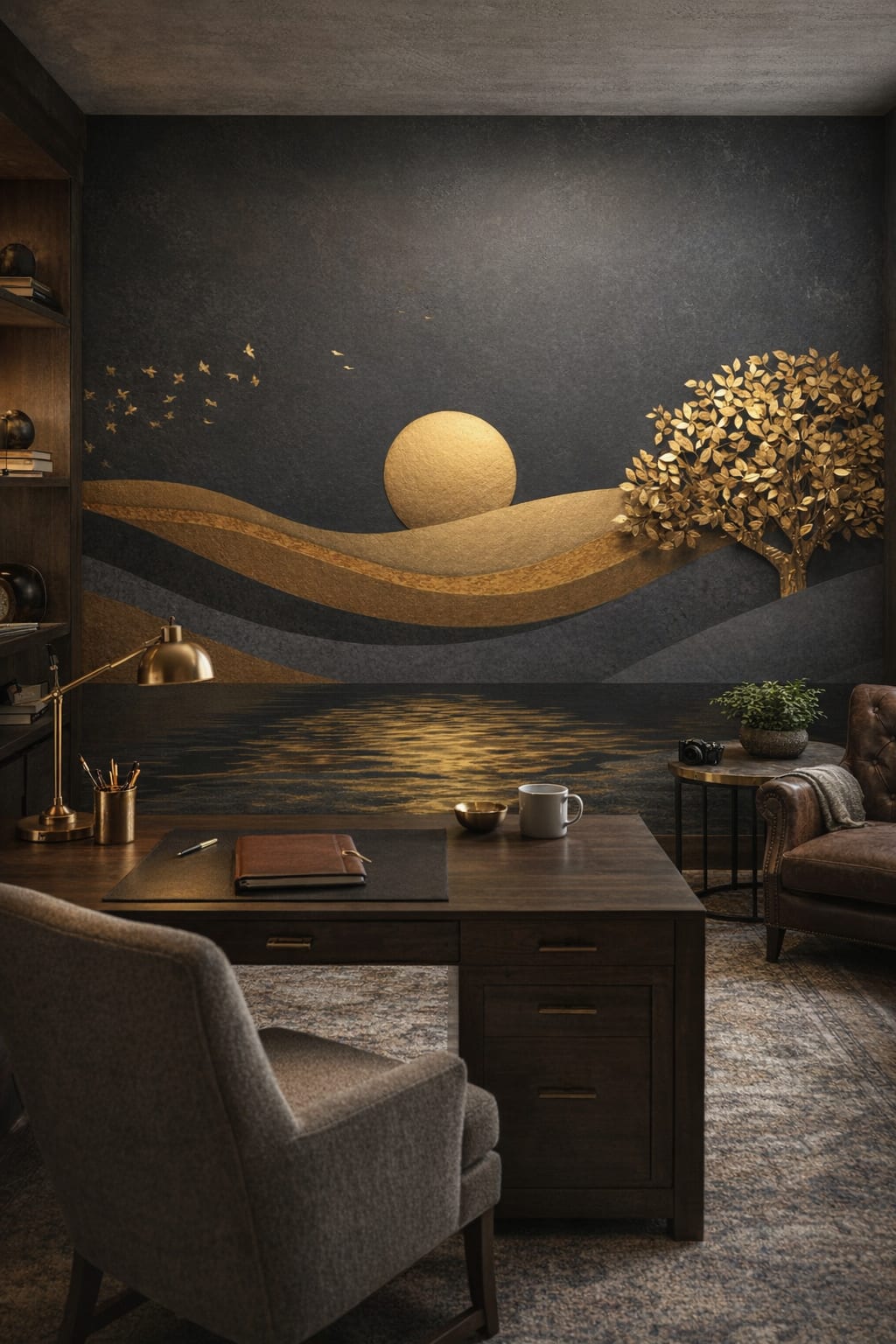 Charcoal industrial loft, warm-gold accent golden landscape featuring sun disc - Wall Mural Peel and Stick Wallpaper for Industrial Loft Executive Home Office.