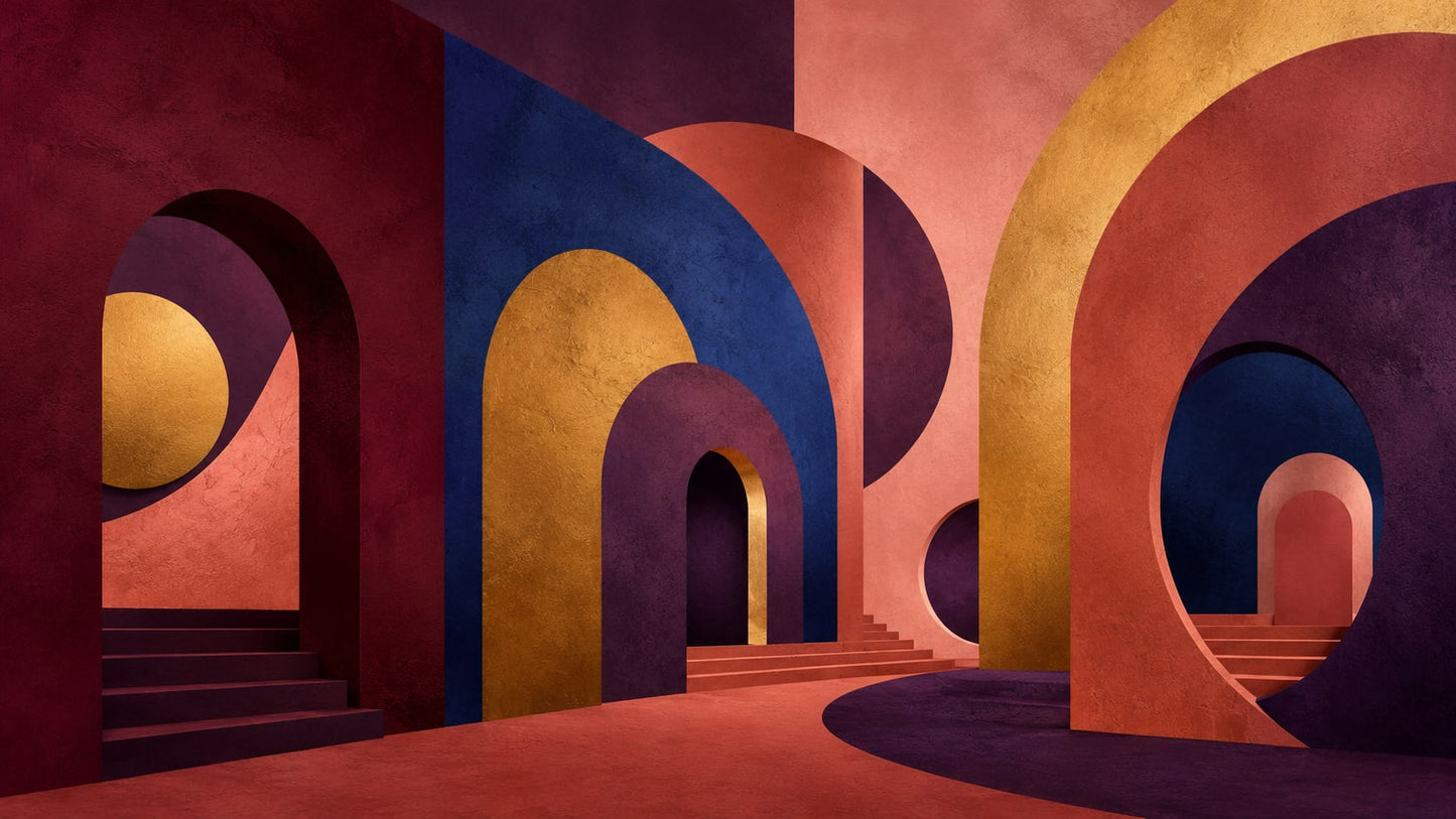 Architectural Dramatic Terracotta Abstract Arches featuring geometric forms and staircases - Wall Mural & Peel and Stick Wallpaper for Geometric Interiors and Premium Home Styling