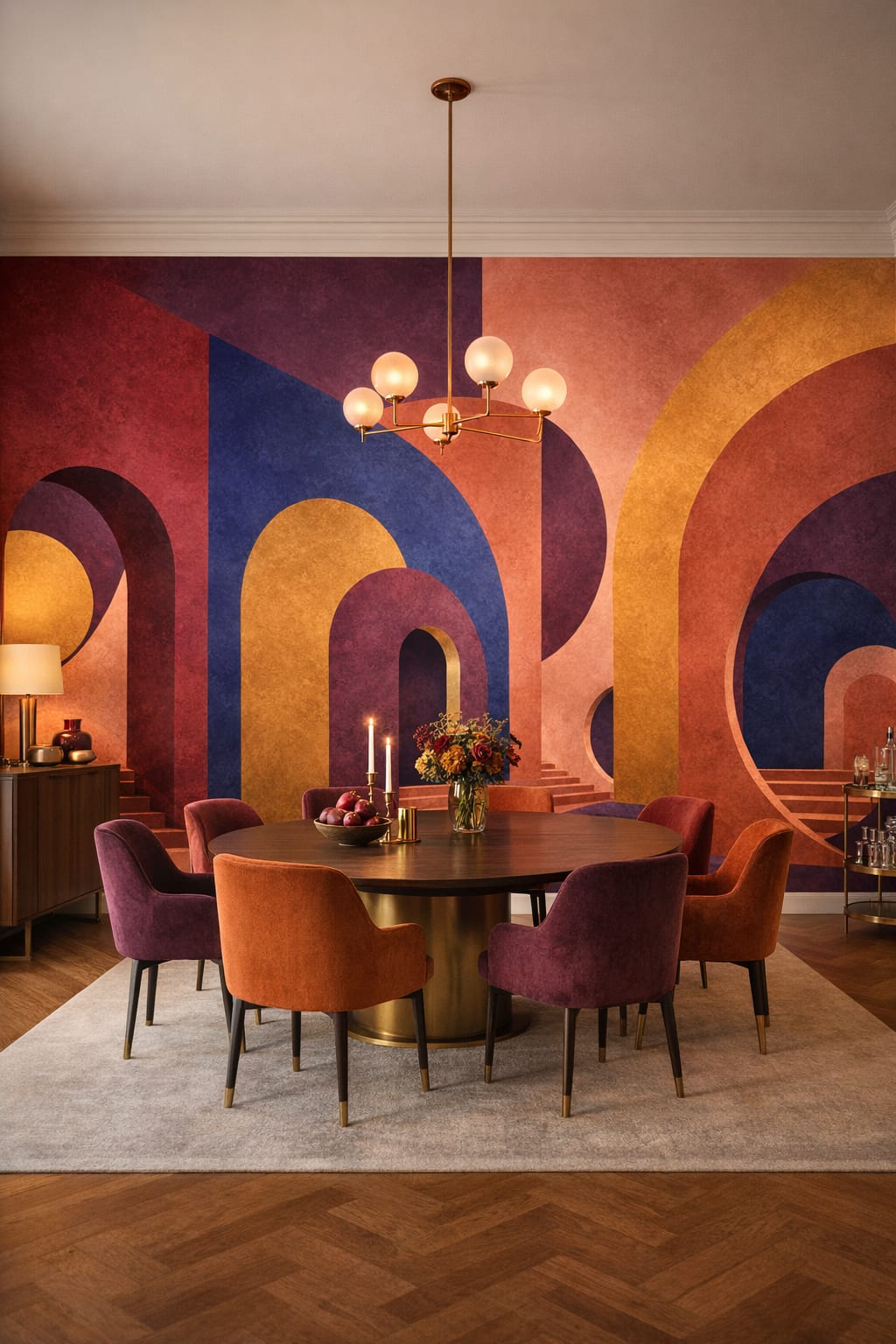 Art Deco emerald abstract arches featuring geometric forms - Wall Mural Peel and Stick Wallpaper for Art Deco Formal Dining Room.