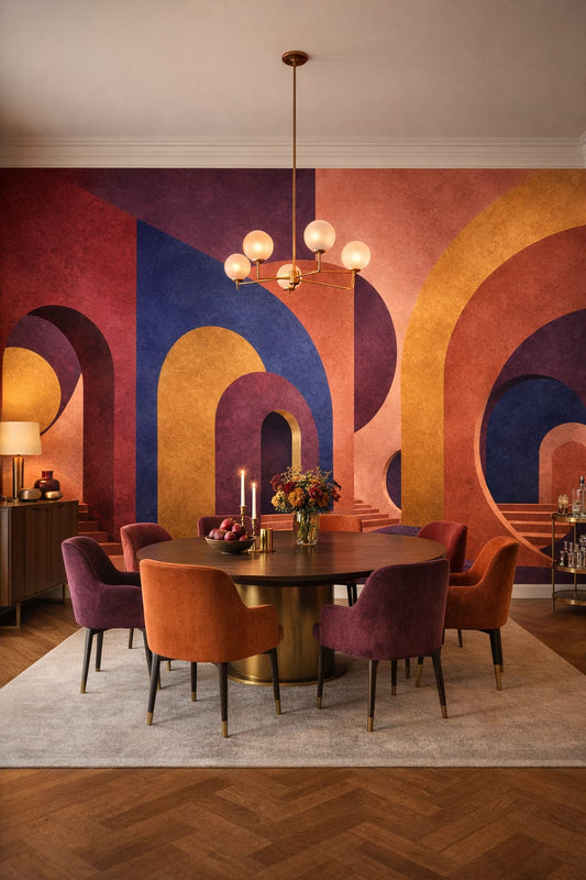 Art Deco emerald abstract arches featuring geometric forms - Wall Mural Peel and Stick Wallpaper for Art Deco Formal Dining Room.